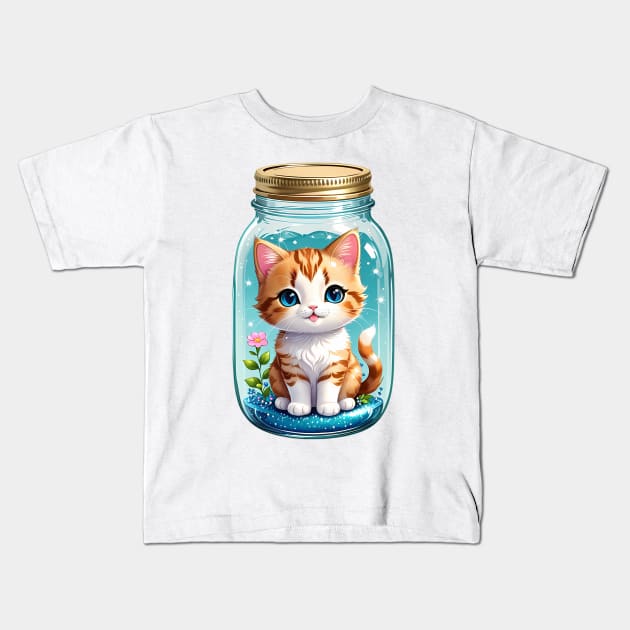 Cute Kawaii Cat With Flowers In Mason Jar Kids T-Shirt by HappyDigitalPOD